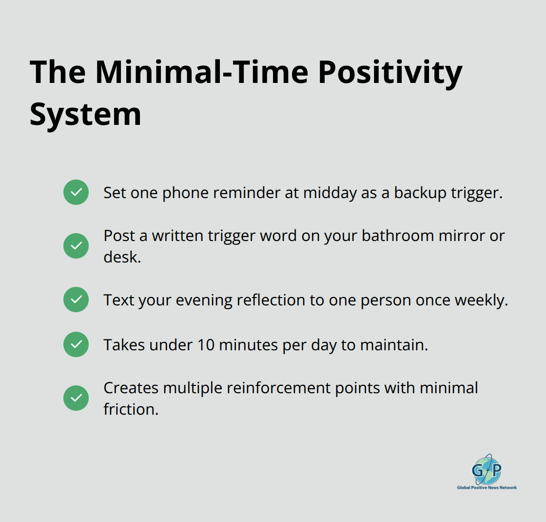 Checklist of the three-part system that keeps daily positivity on track. - tiny daily positivity reminders