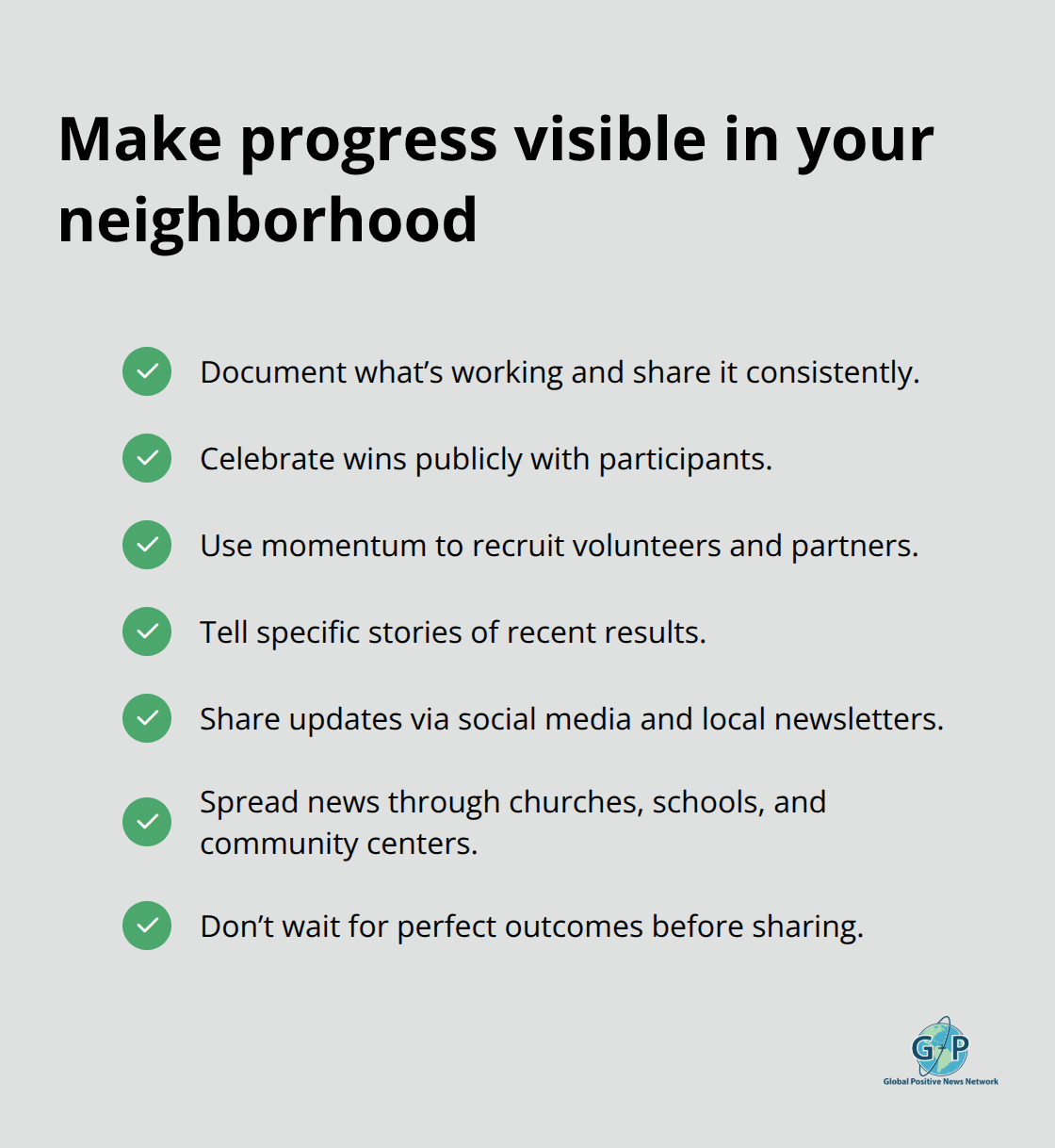 Checklist of practical steps to spread hope through visible wins.