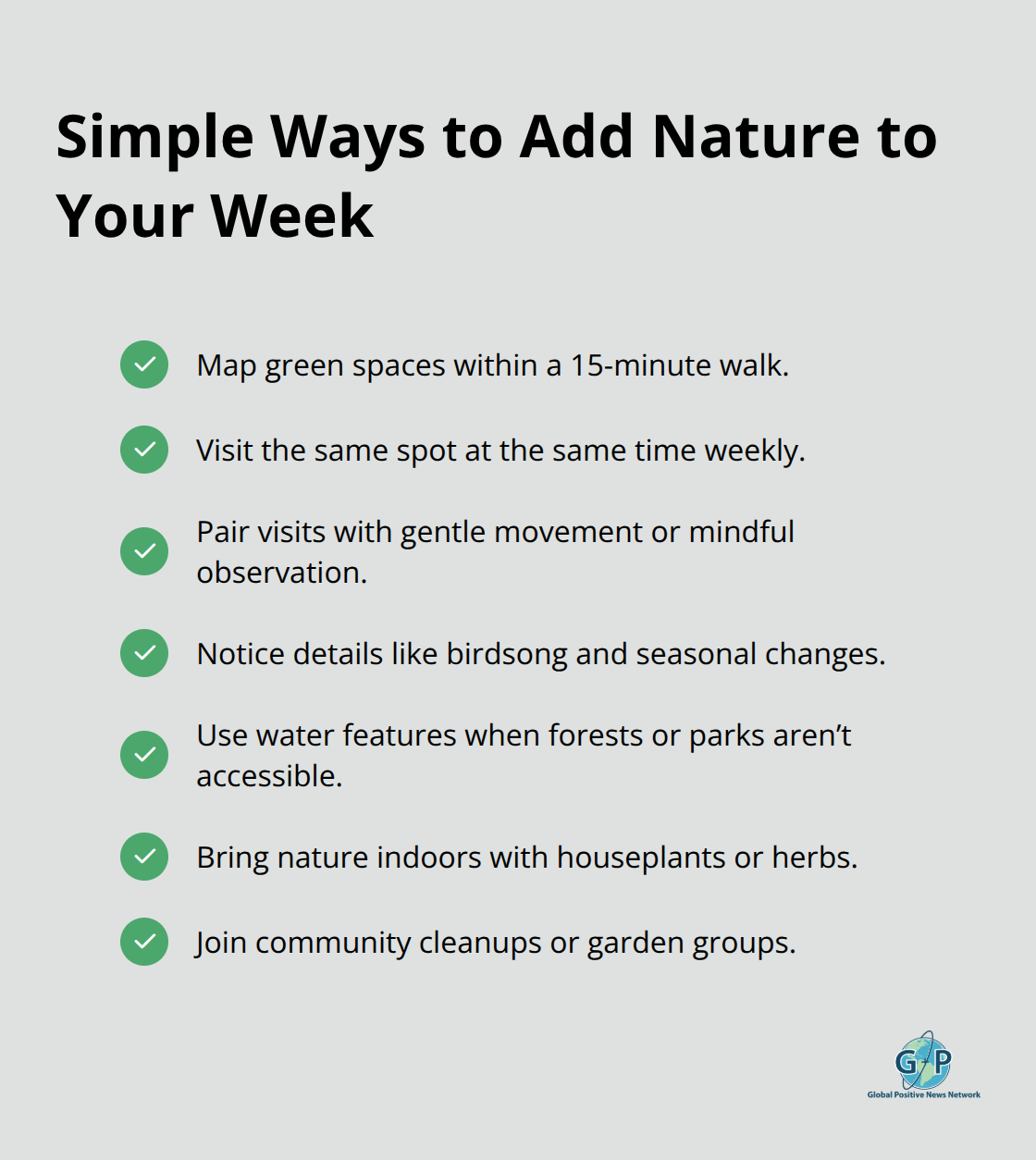 Checklist of easy, practical actions to build a weekly green-space routine. - Hope in nature