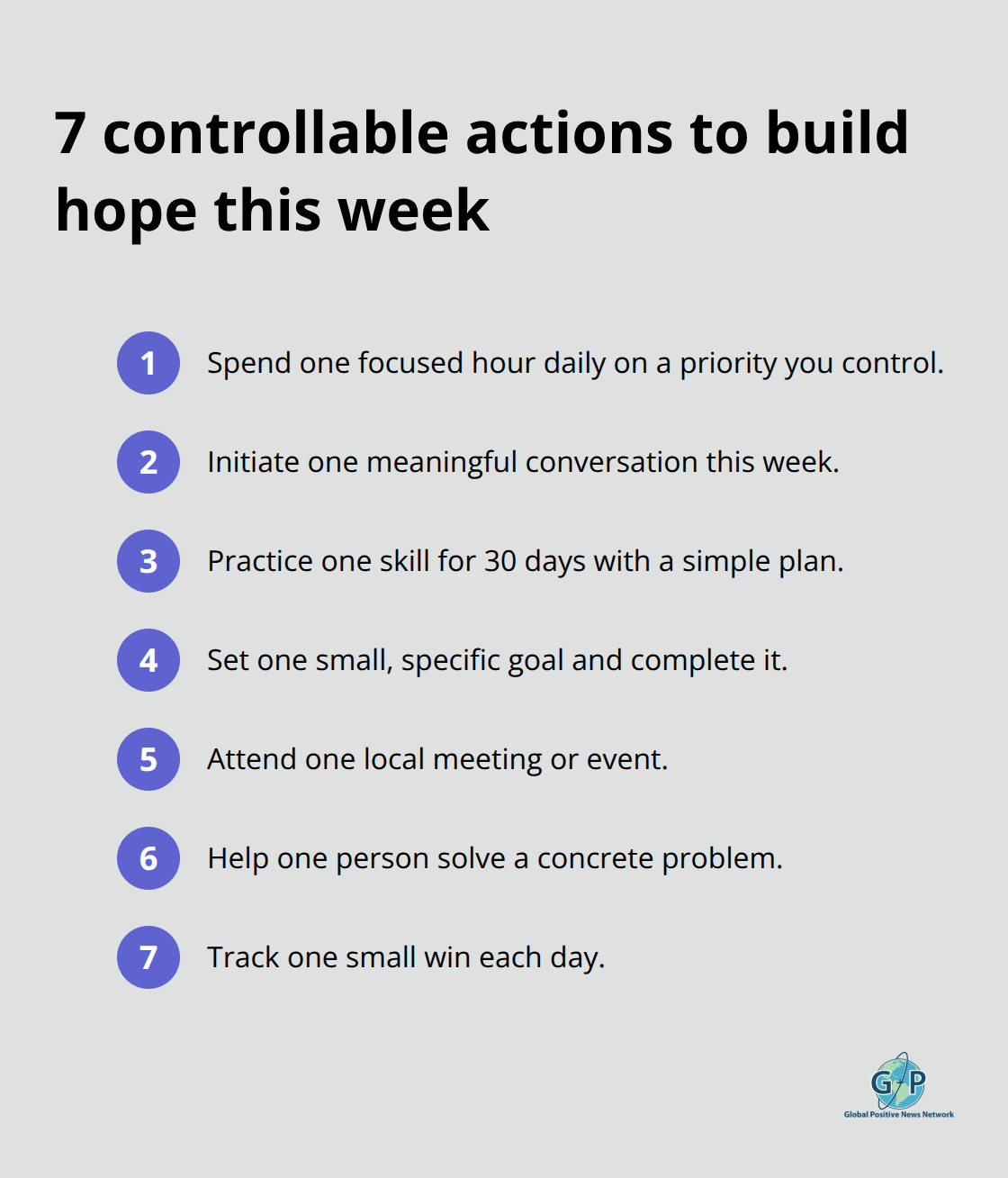 Compact checklist of simple, controllable actions to build hope over the next seven days. - Sustainable optimism