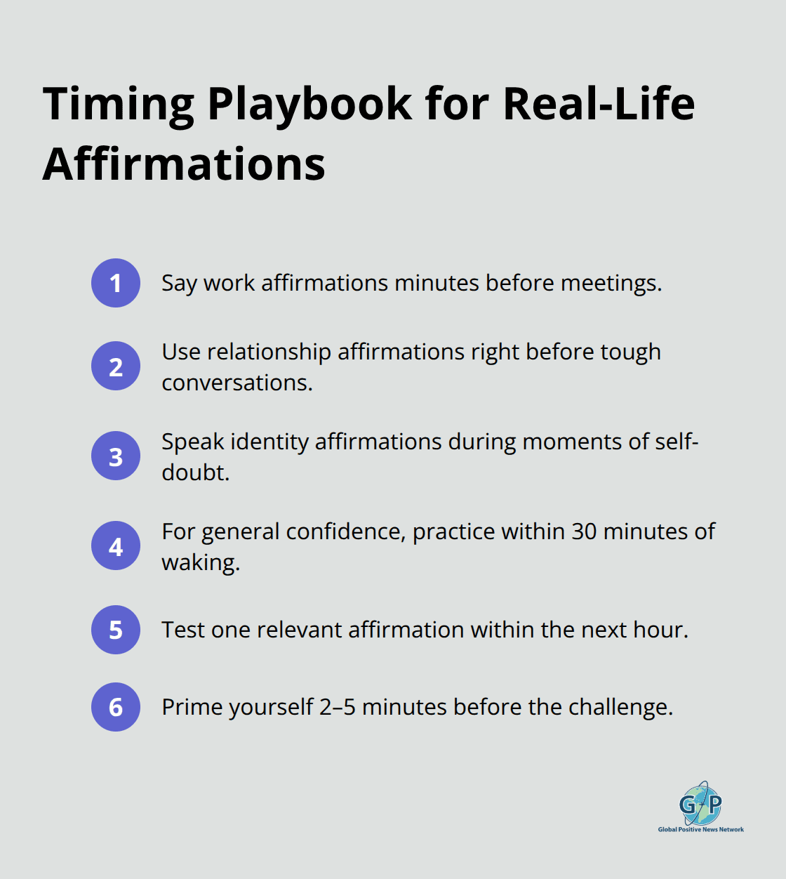 Compact list of best-practice timing tips for using affirmations in real situations. - affirmations for confidence