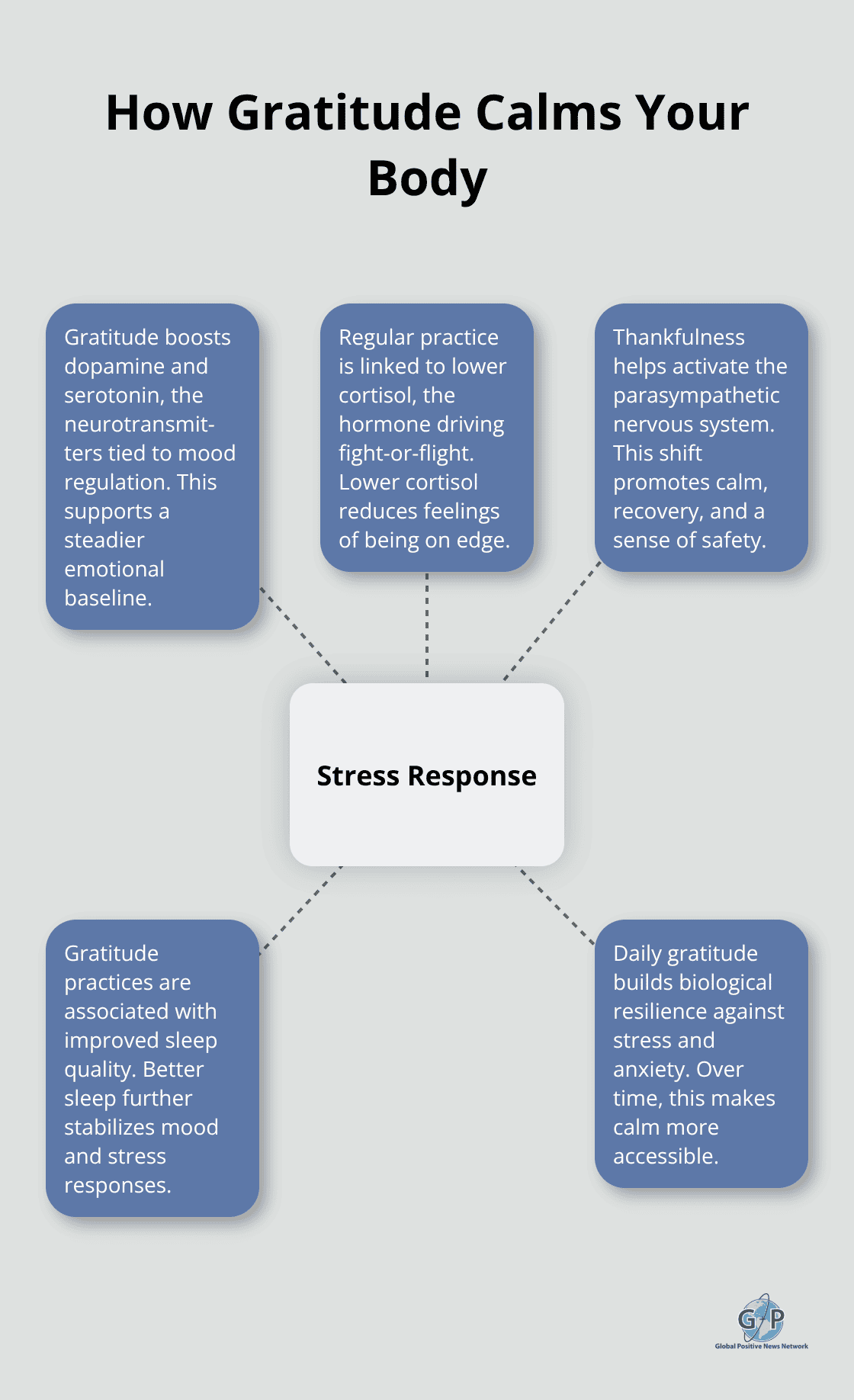 Infographic showing how gratitude shifts the body from stress to calm through multiple physiological pathways.