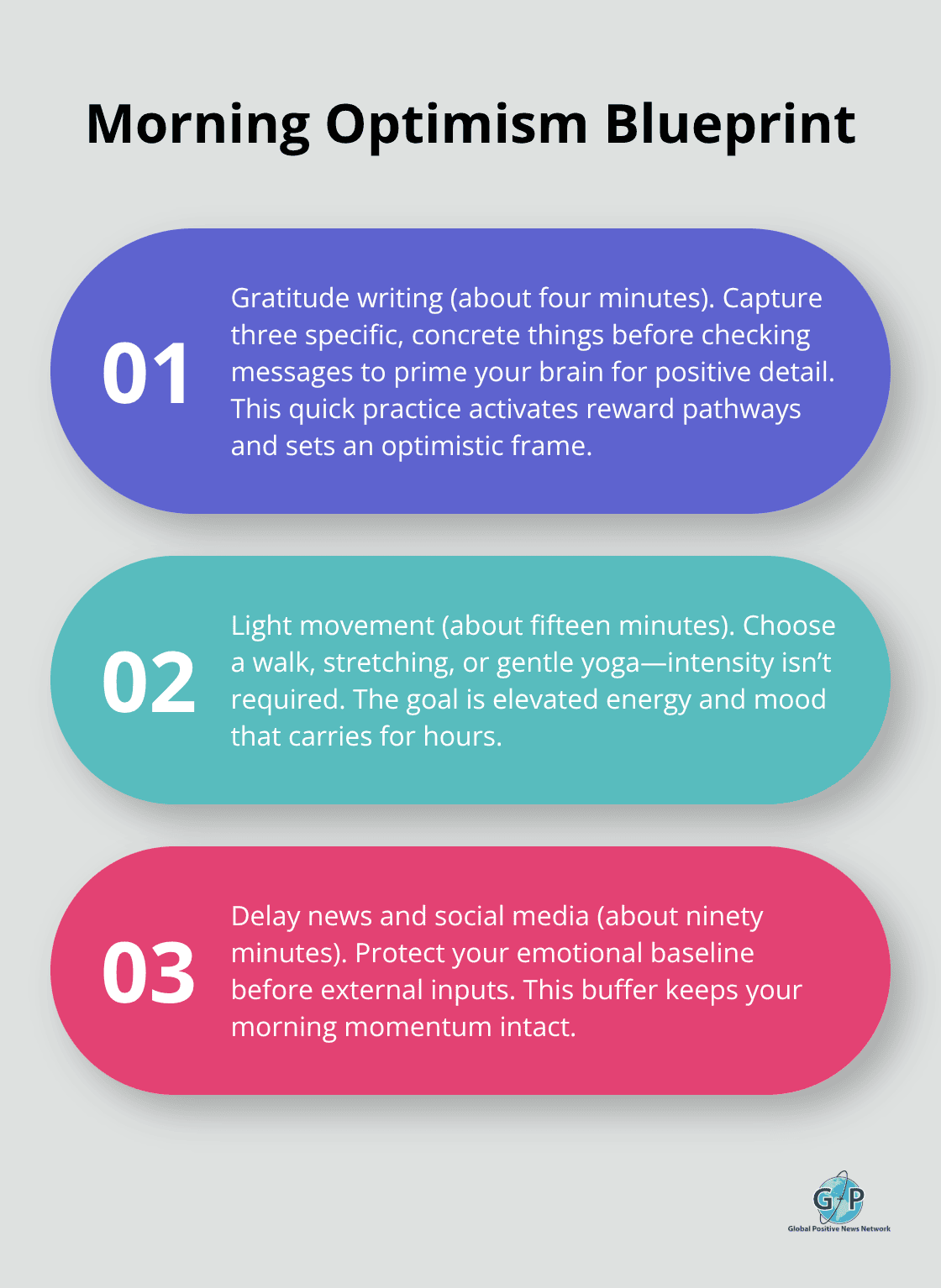 Three-part morning routine to build daily optimism: gratitude writing, light movement, and delayed media. - habits for daily optimism