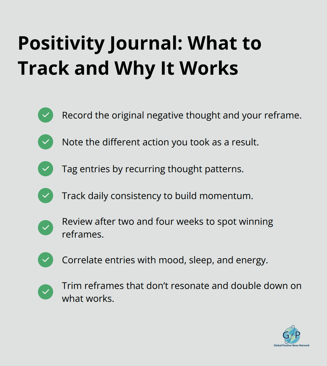 Checklist of what to record in a positivity journal and the benefits of tracking. - mindset for optimism