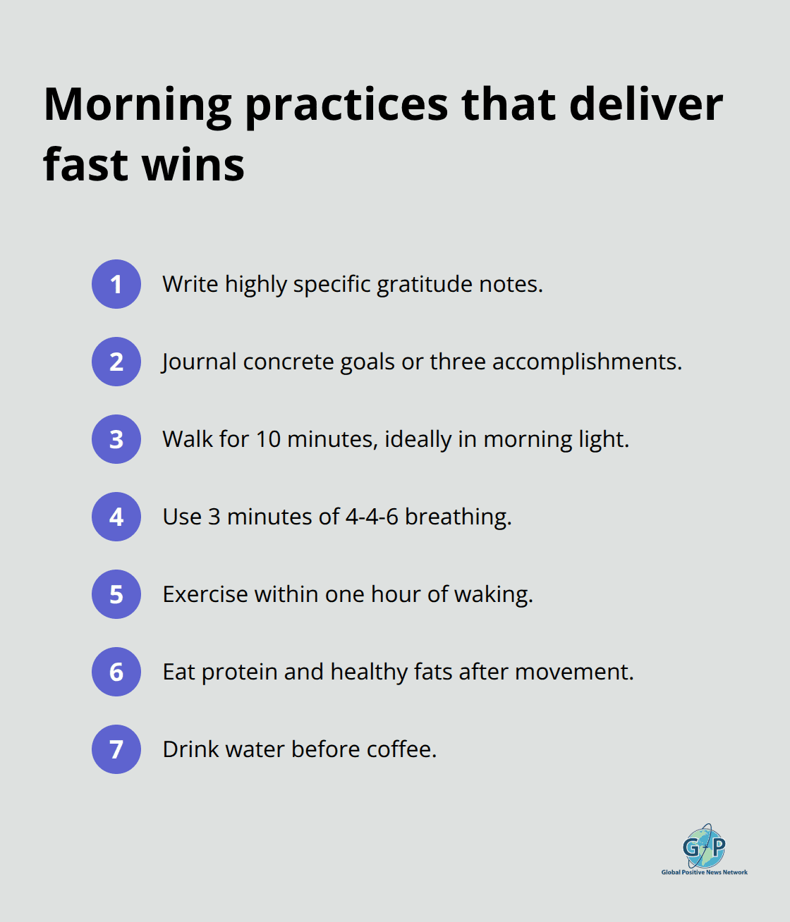 Compact list of actionable morning habits for energy, focus, and mood - morning positivity rituals