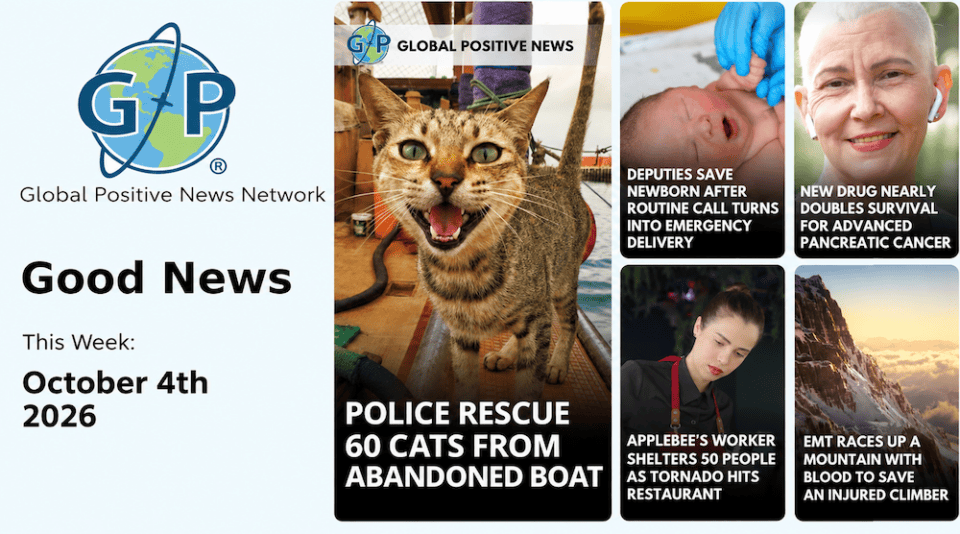 This week’s good news roundup. Global Positive News: Police rescue 60 cats from abandoned boat.
