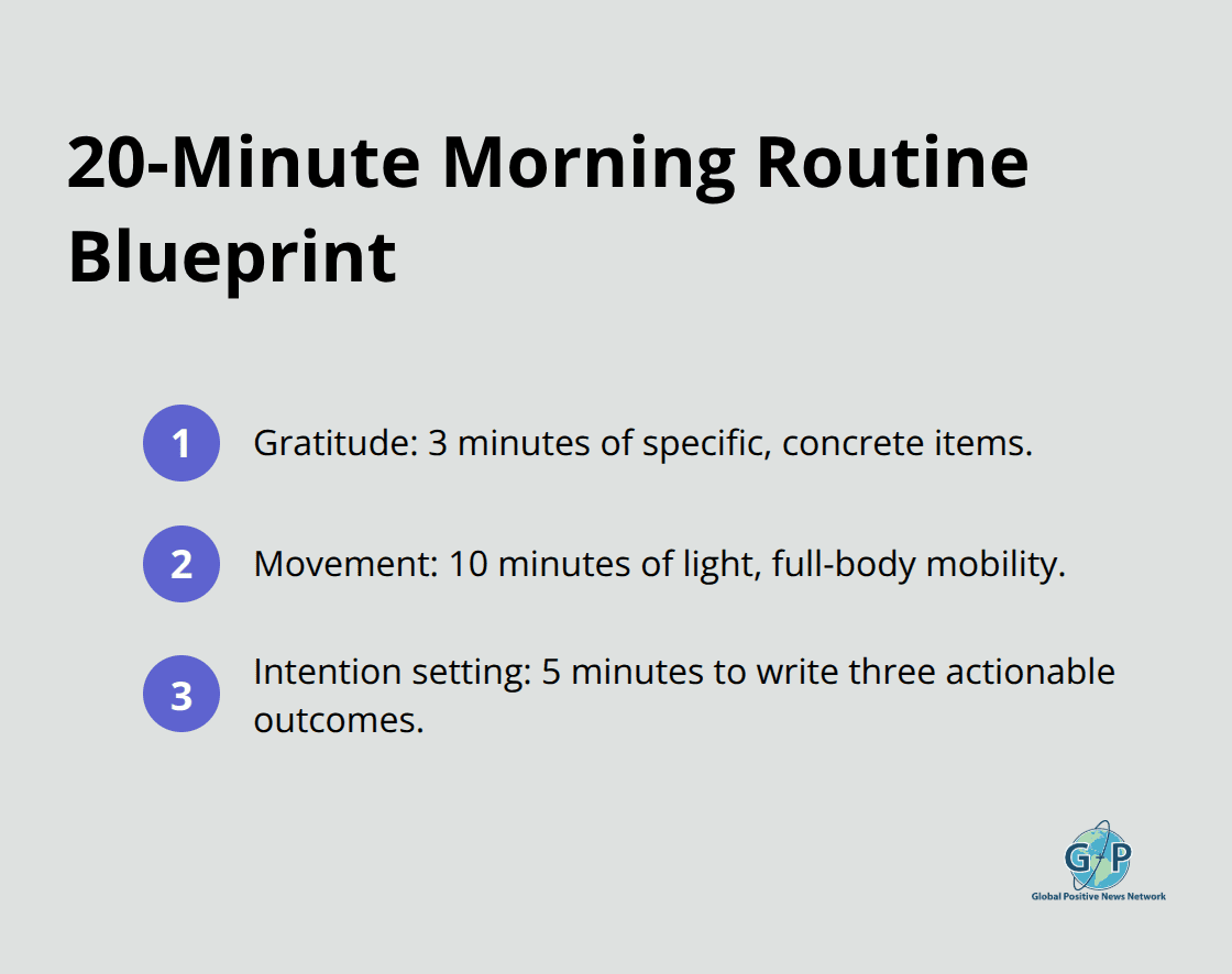 Visual checklist of the 3-step morning routine with time estimates