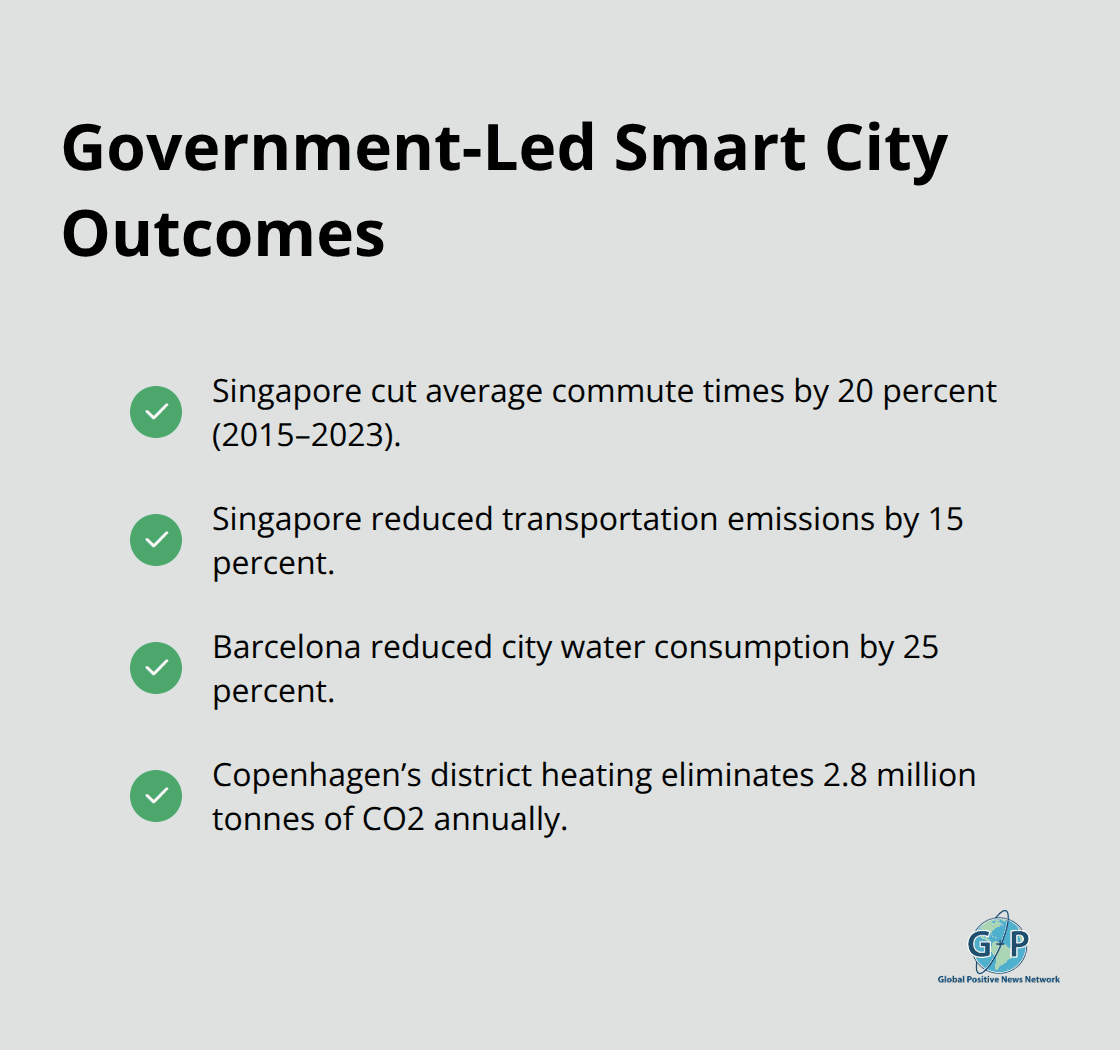 Checkmarked list of measurable results from government smart city initiatives.